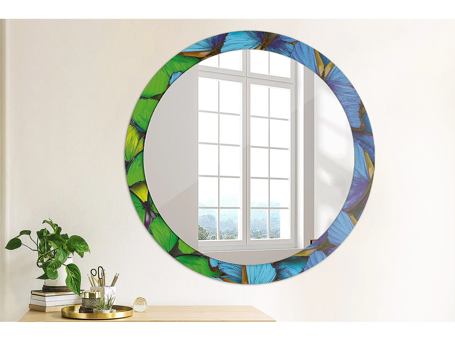 Miroir rond décoratif - Papillon bleu et vert - 90 cm