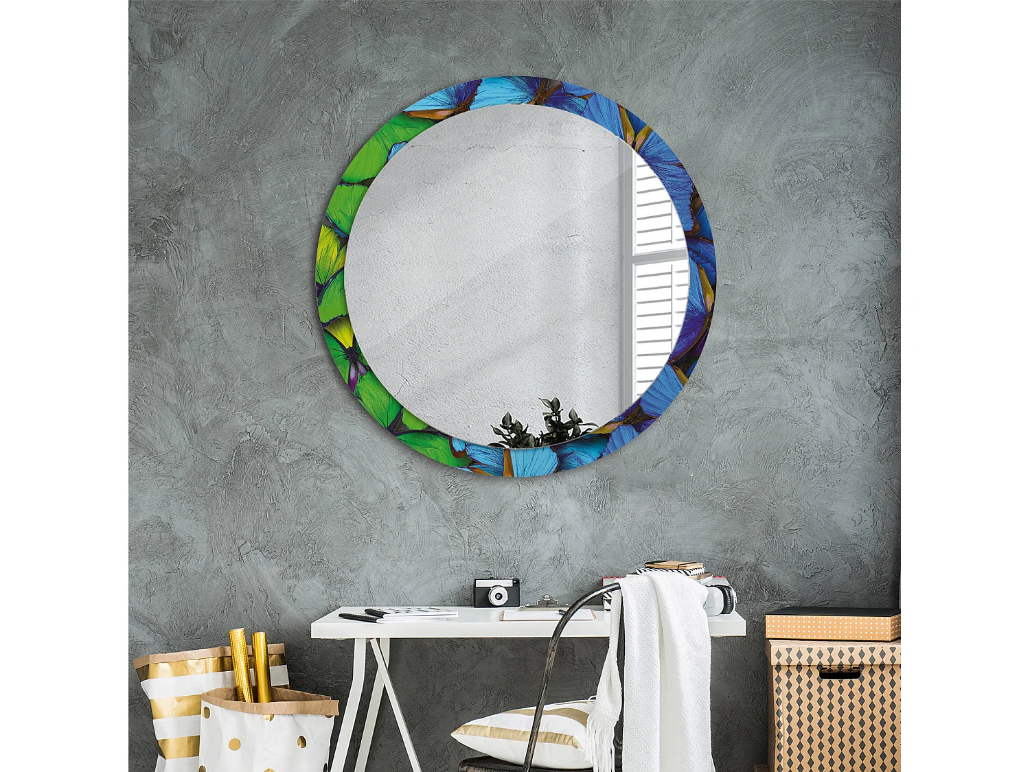 Miroir rond décoratif - Papillon bleu et vert - 90 cm