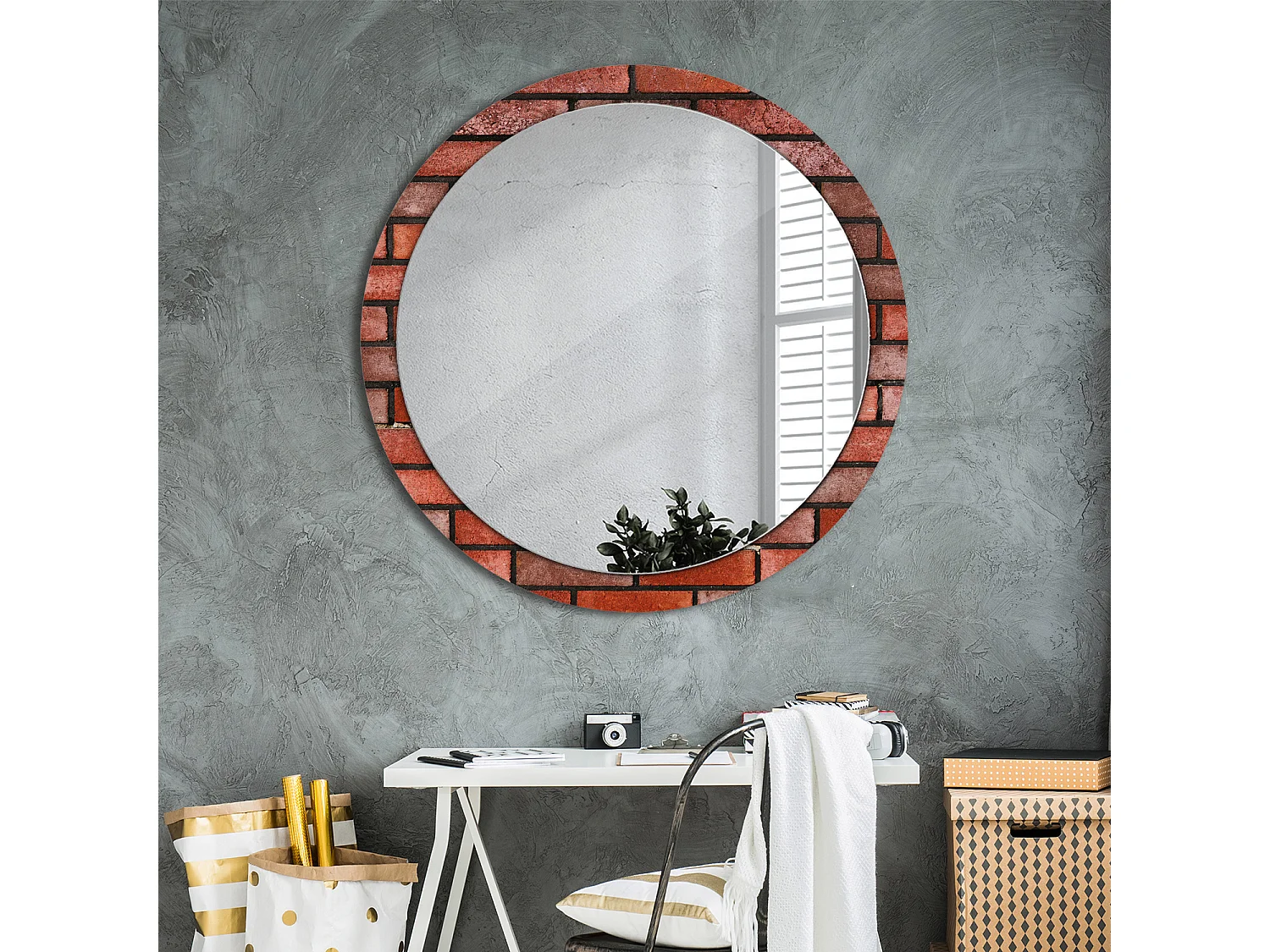 Miroir rond décoratif - Brique rouge - 100 cm