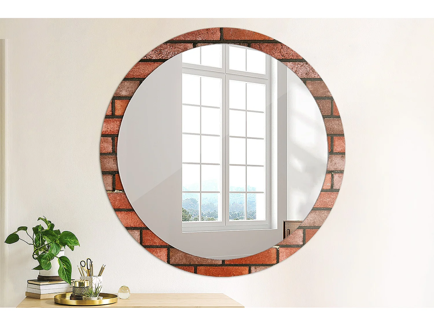 Miroir rond décoratif - Brique rouge - 100 cm