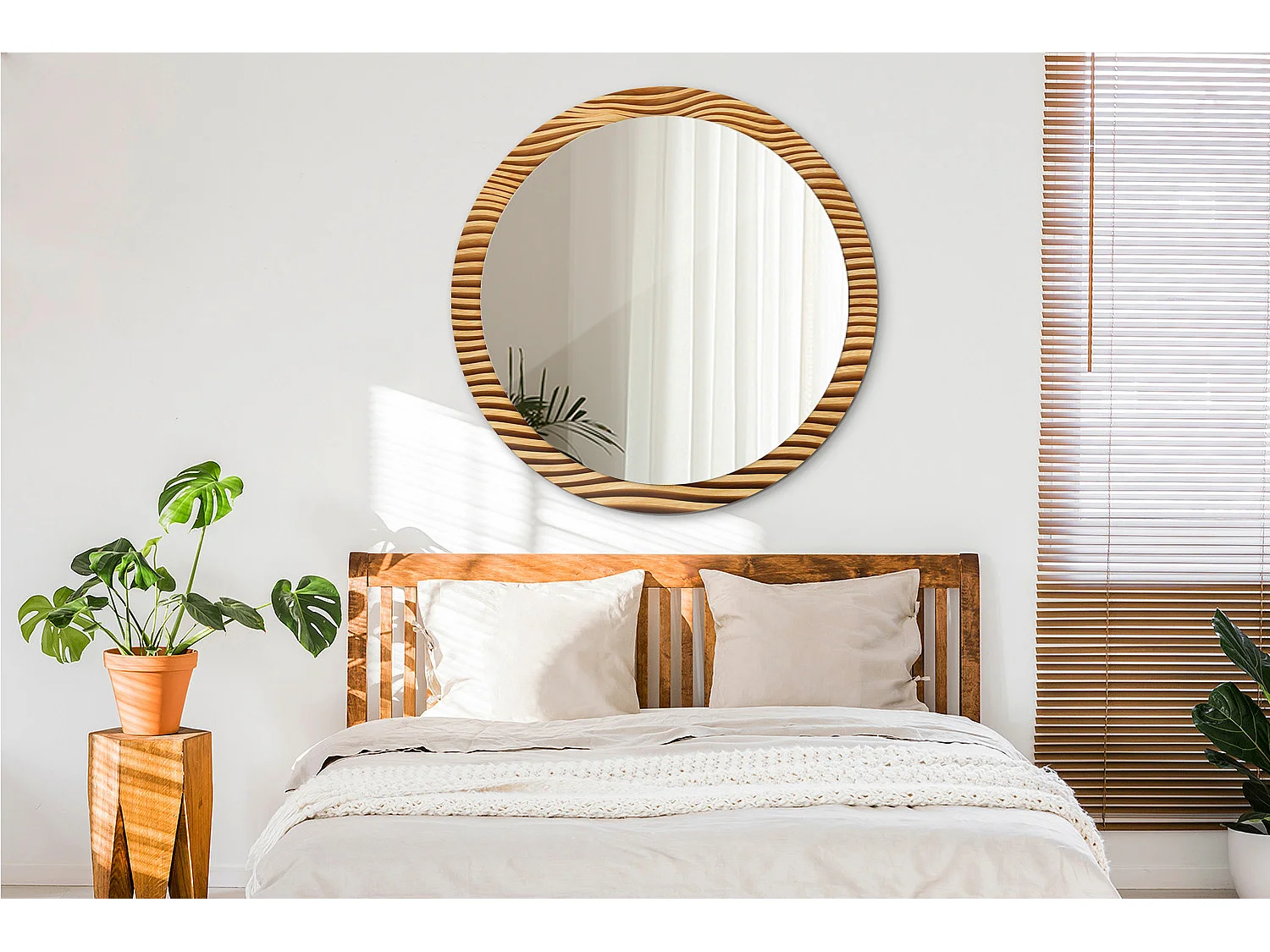 Miroir rond décoratif - Vague en bois - 100 cm