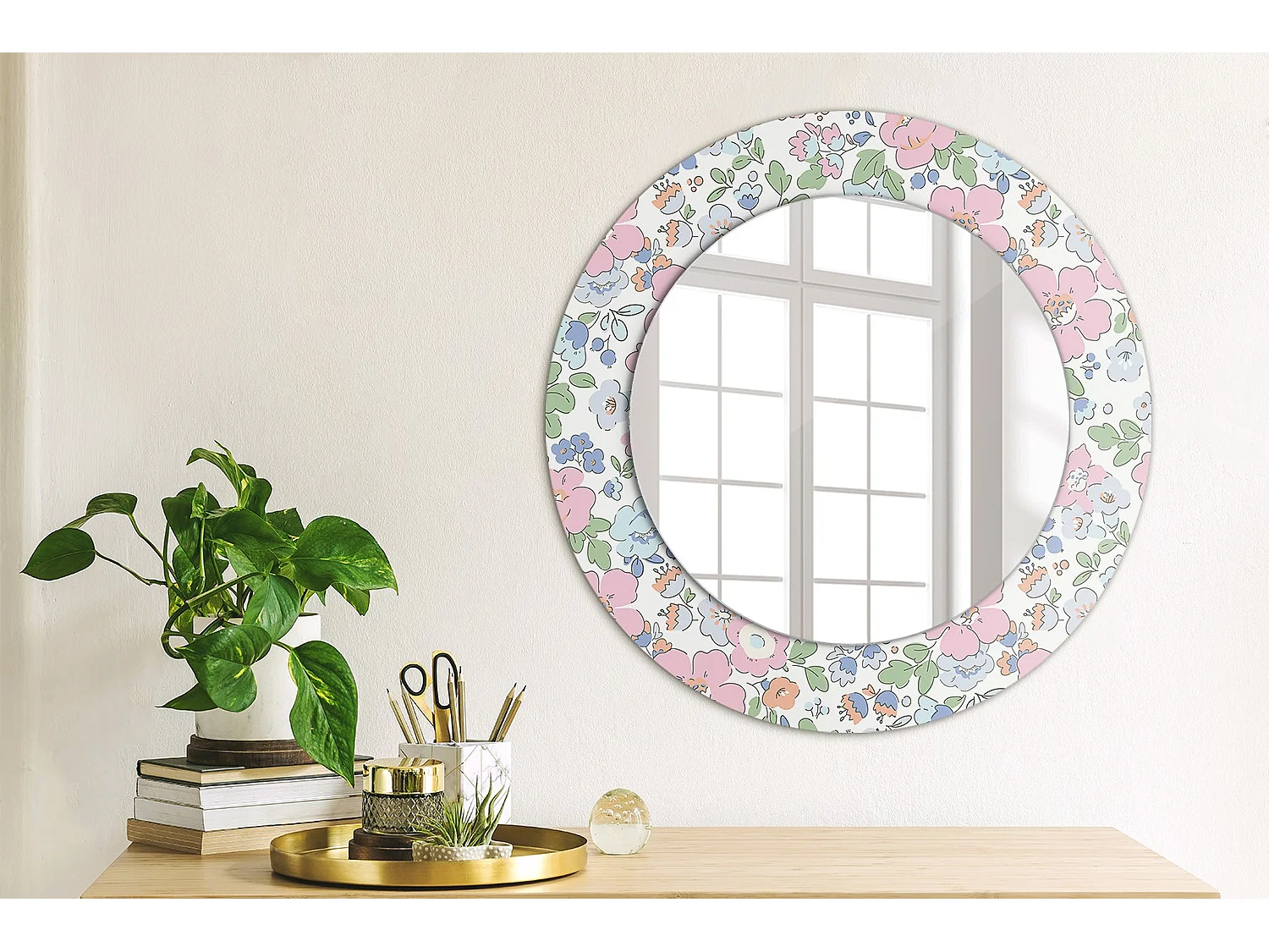 Decoratieve ronde spiegel - Kleurrijke bloemen - 50 cm