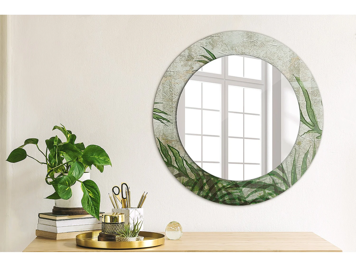 Dekorativer runder Spiegel – Farnblätter – 50 cm