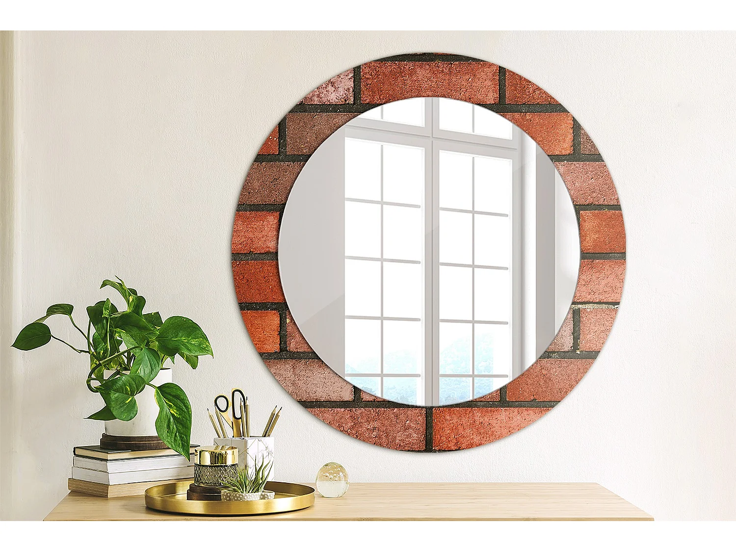 Miroir rond décoratif - Brique rouge - 70 cm