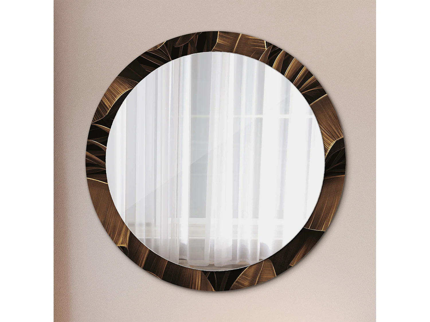 Decoratieve ronde spiegel - bruine bananenbladeren - 90 cm