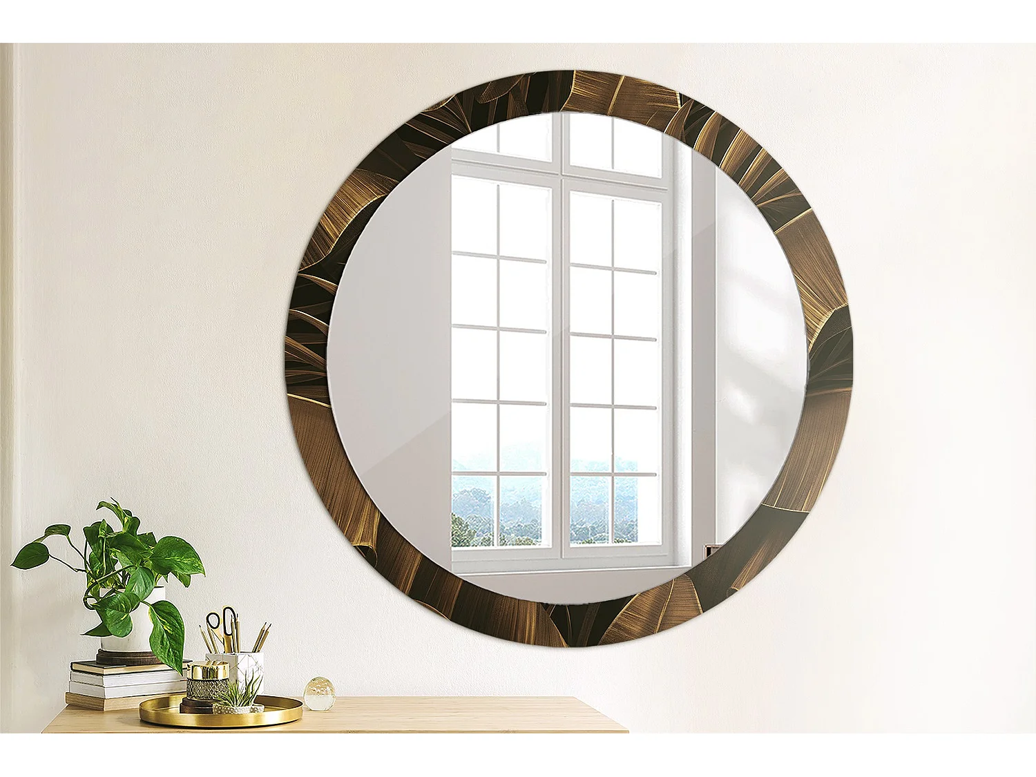 Decoratieve ronde spiegel - bruine bananenbladeren - 90 cm