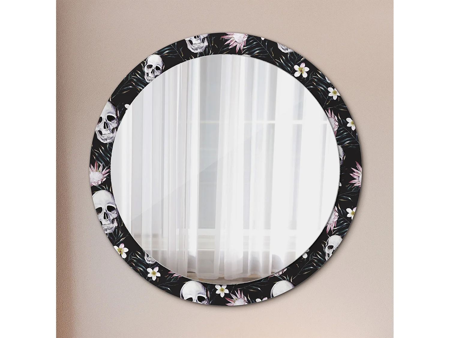 Miroir rond décoratif - Fleurs tête de mort - 90 cm