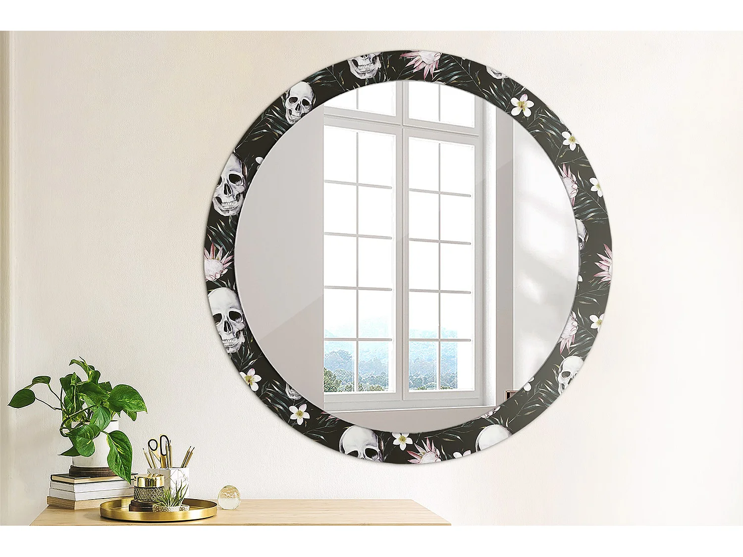 Miroir rond décoratif - Fleurs tête de mort - 90 cm