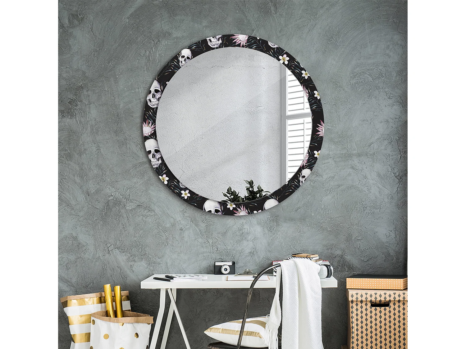 Miroir rond décoratif - Fleurs tête de mort - 90 cm