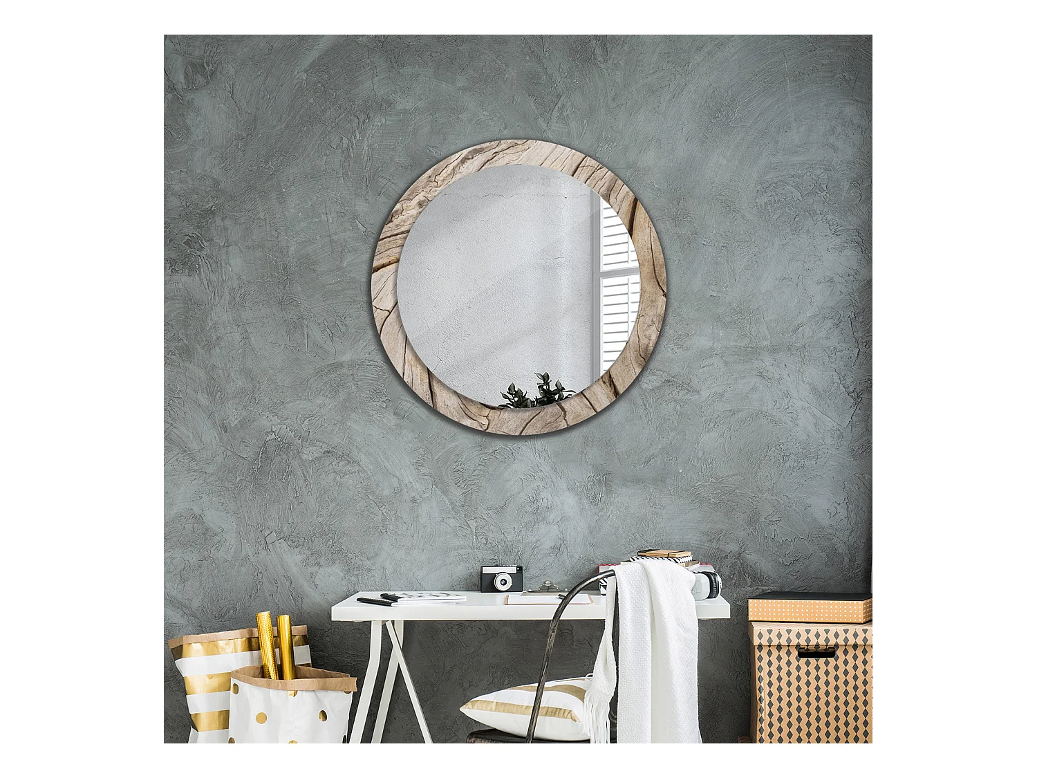 Miroir rond décoratif - Bois craquelé - 80 cm