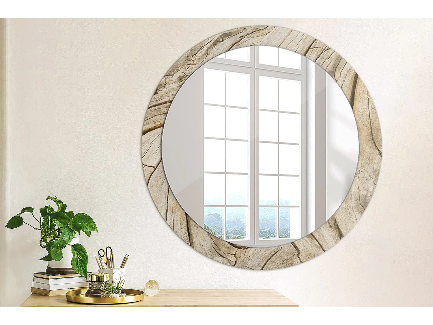 Runder dekorativer Spiegel - Rissiges Holz - 80 cm