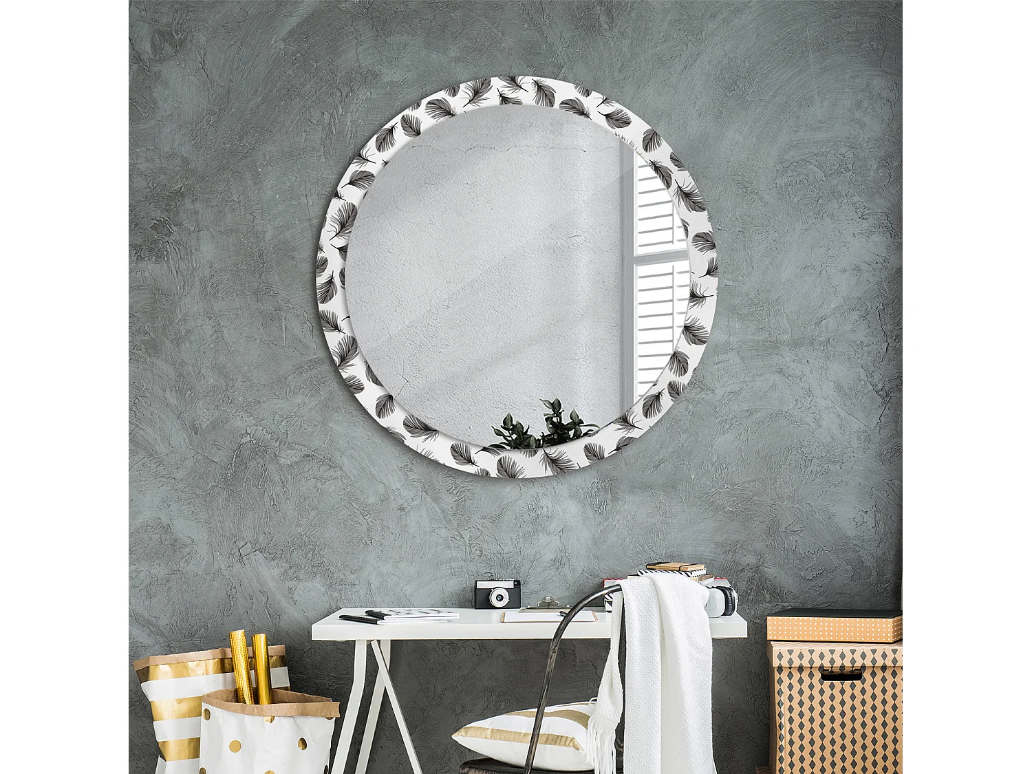 Miroir rond décoratif - Plumes - 90 cm