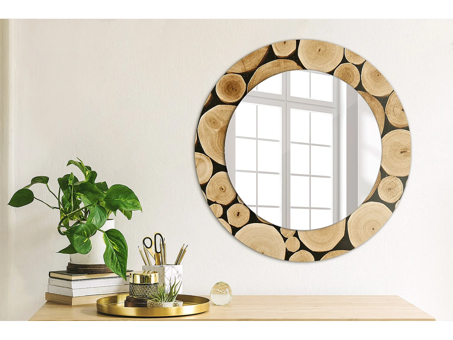 Runder dekorativer Spiegel - Holzscheite - 50 cm