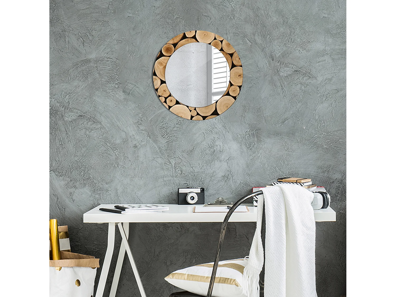 Miroir rond décoratif - Bûches de bois - 50 cm