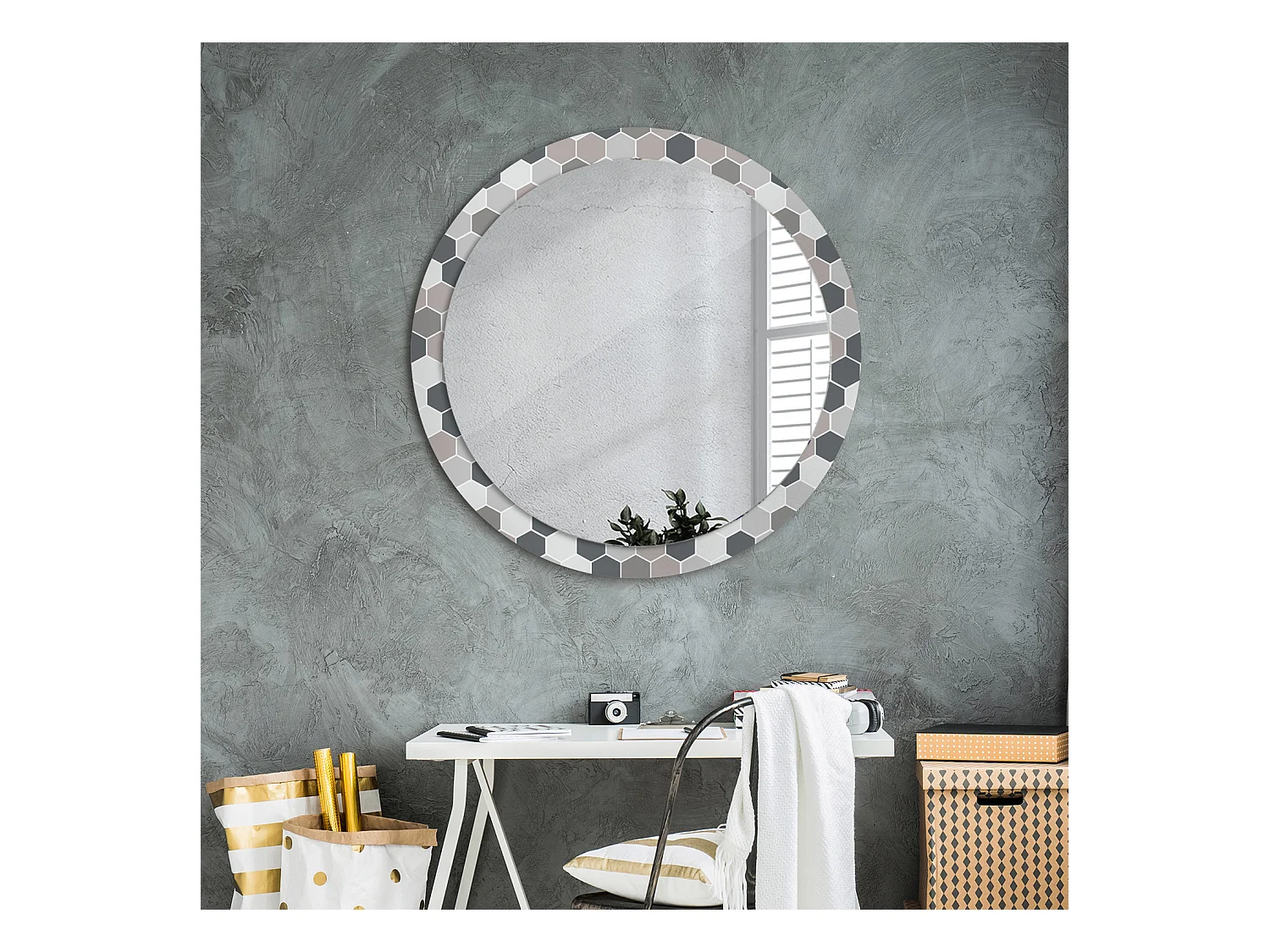 Miroir rond décoratif - Motif hexagonal - 90 cm