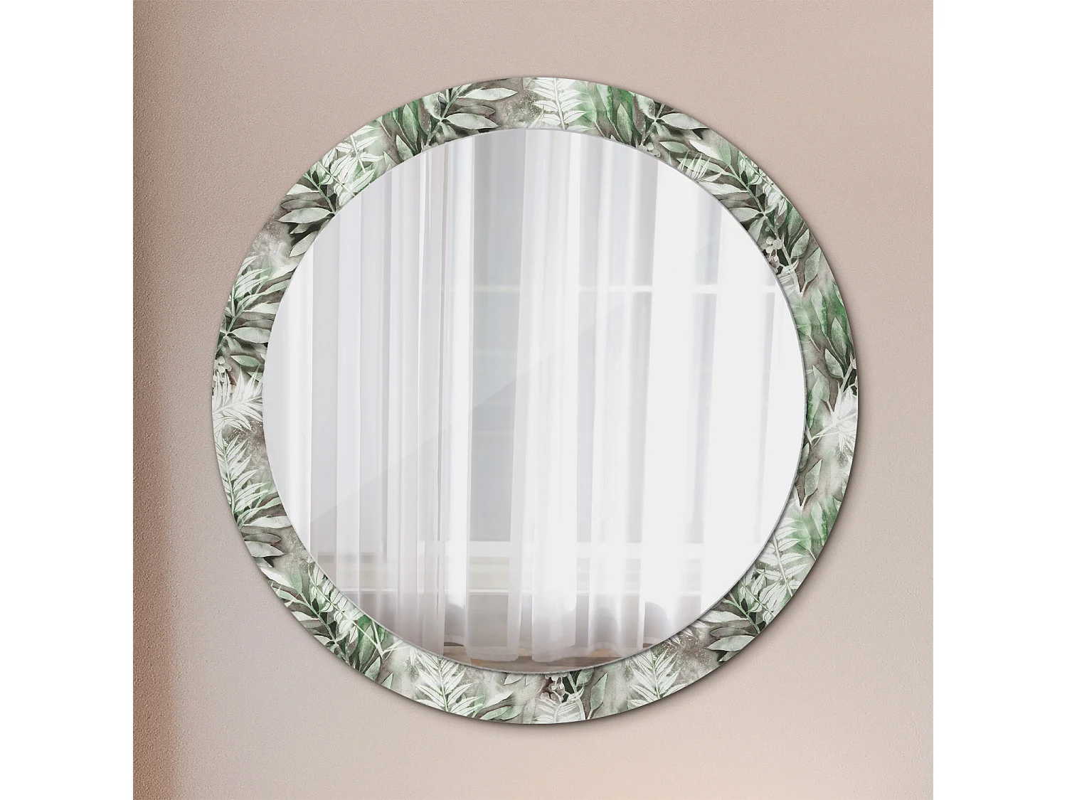 Miroir rond décoratif - Feuilles aquarelles - 90 cm