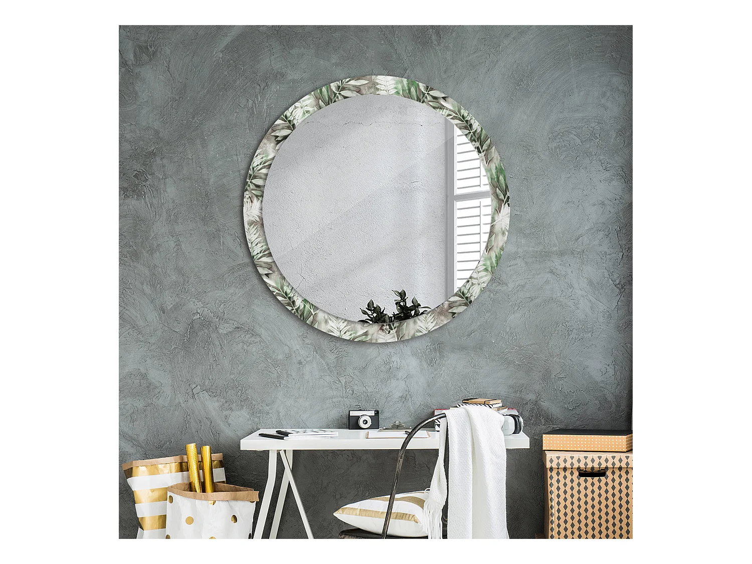 Miroir rond décoratif - Feuilles aquarelles - 90 cm