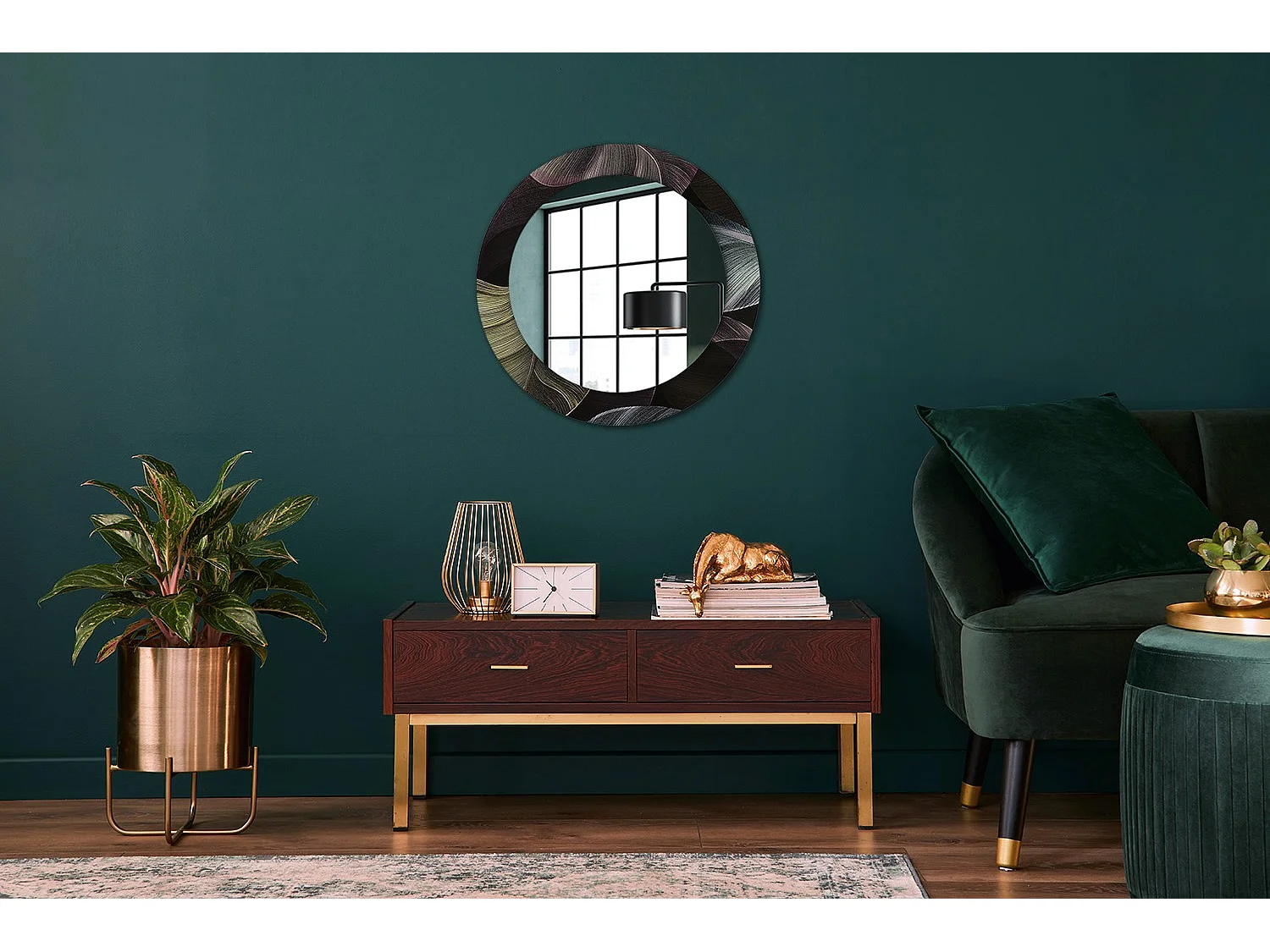 Ronde Decoratieve Spiegel – Donkere Tropische Bladeren – 60cm