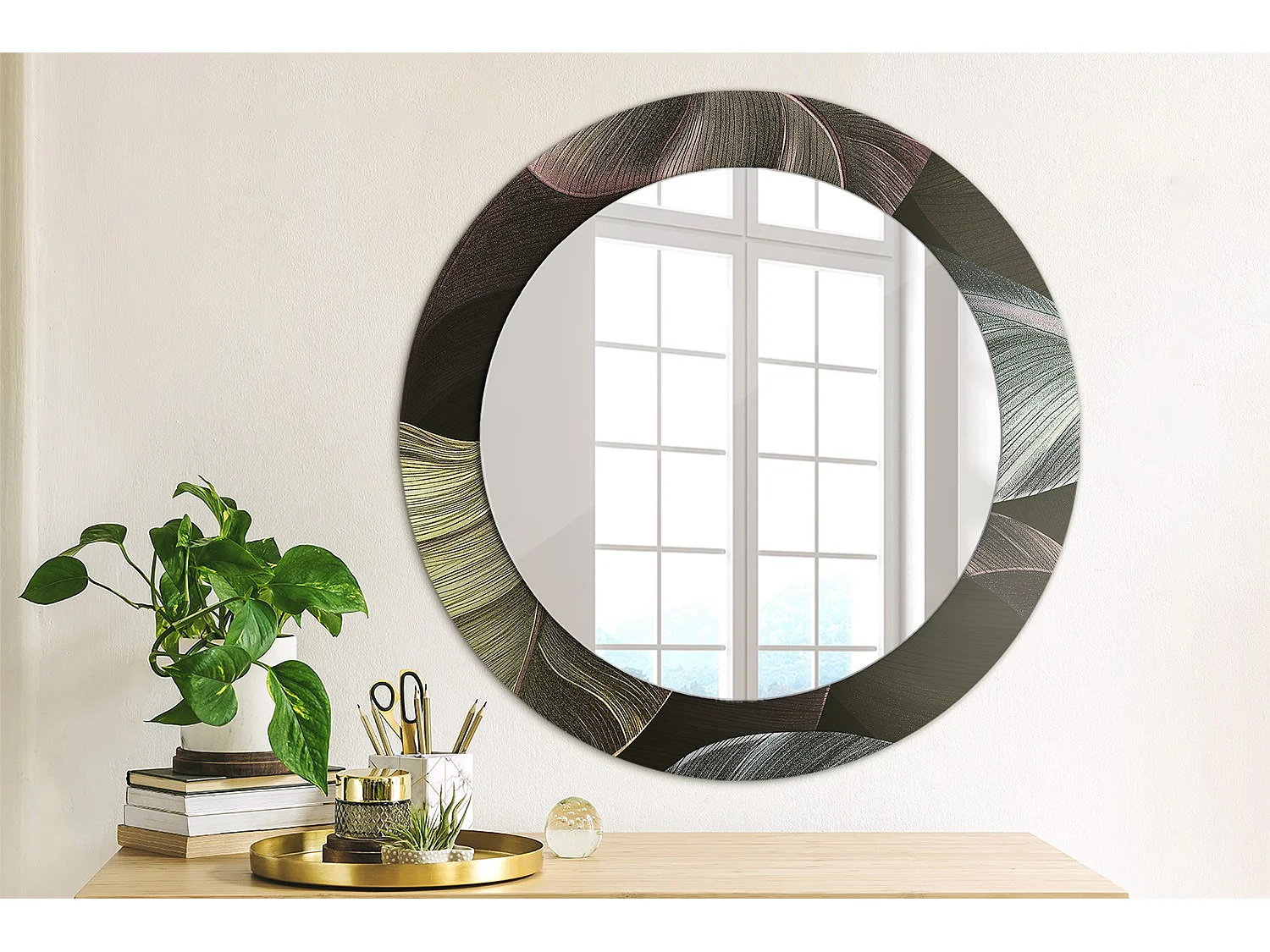 Ronde Decoratieve Spiegel – Donkere Tropische Bladeren – 60cm