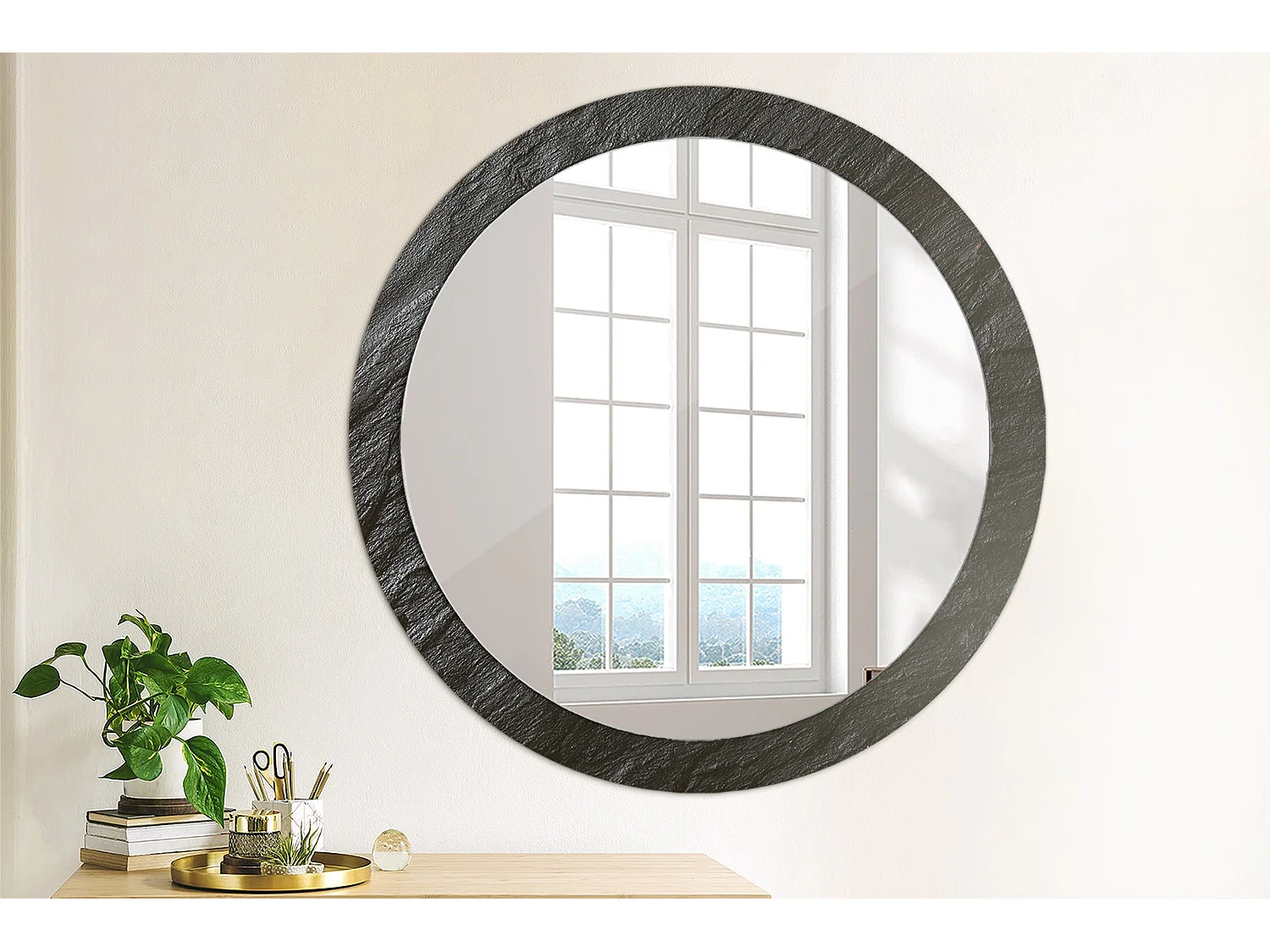Miroir rond décoratif - Pierre noire - 90 cm