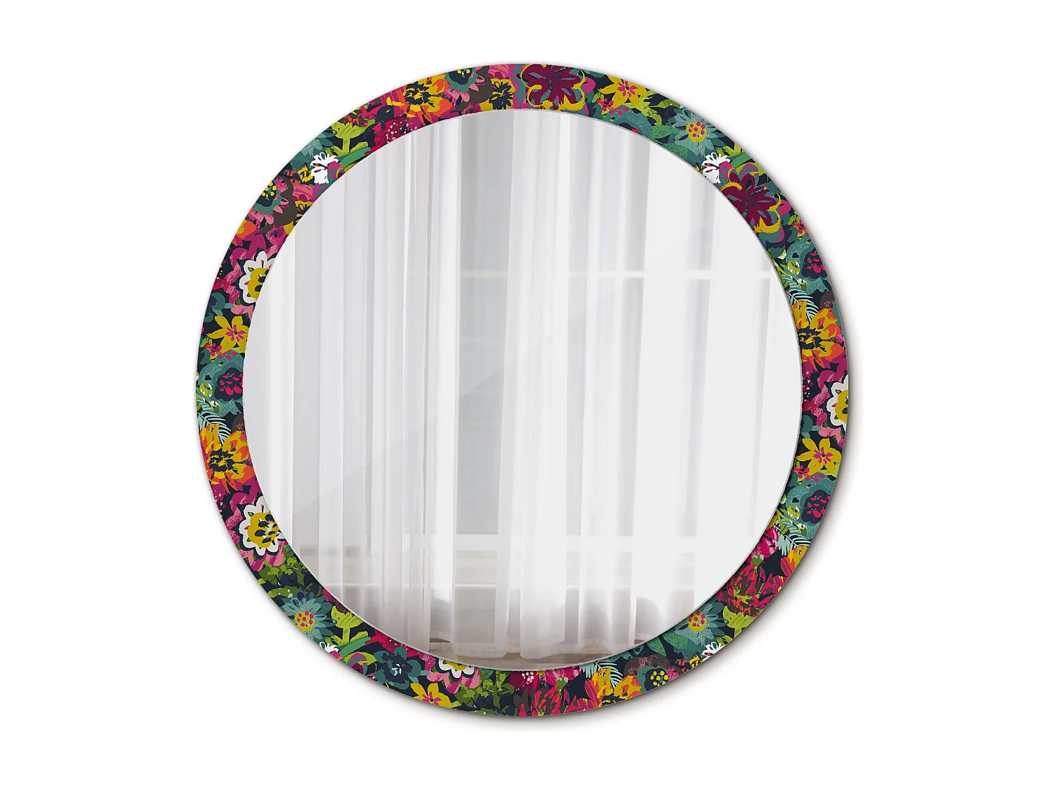 Miroir rond décoratif - Fleurs peintes - 100 cm