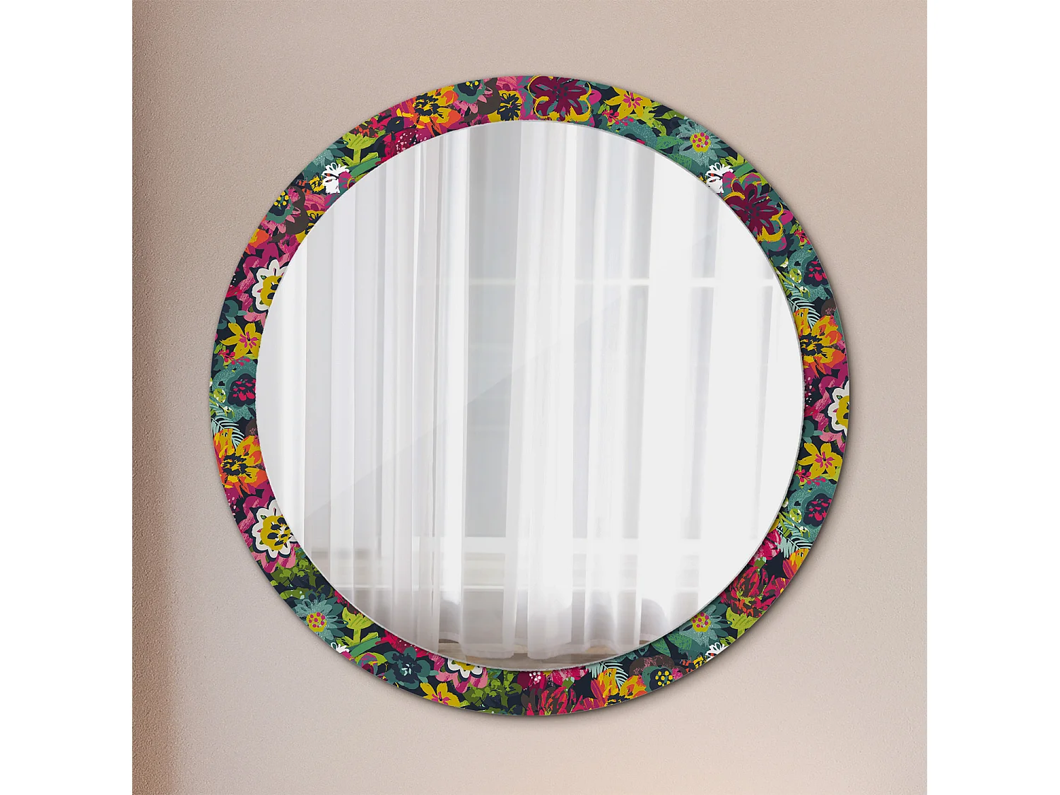 Miroir rond décoratif - Fleurs peintes - 100 cm
