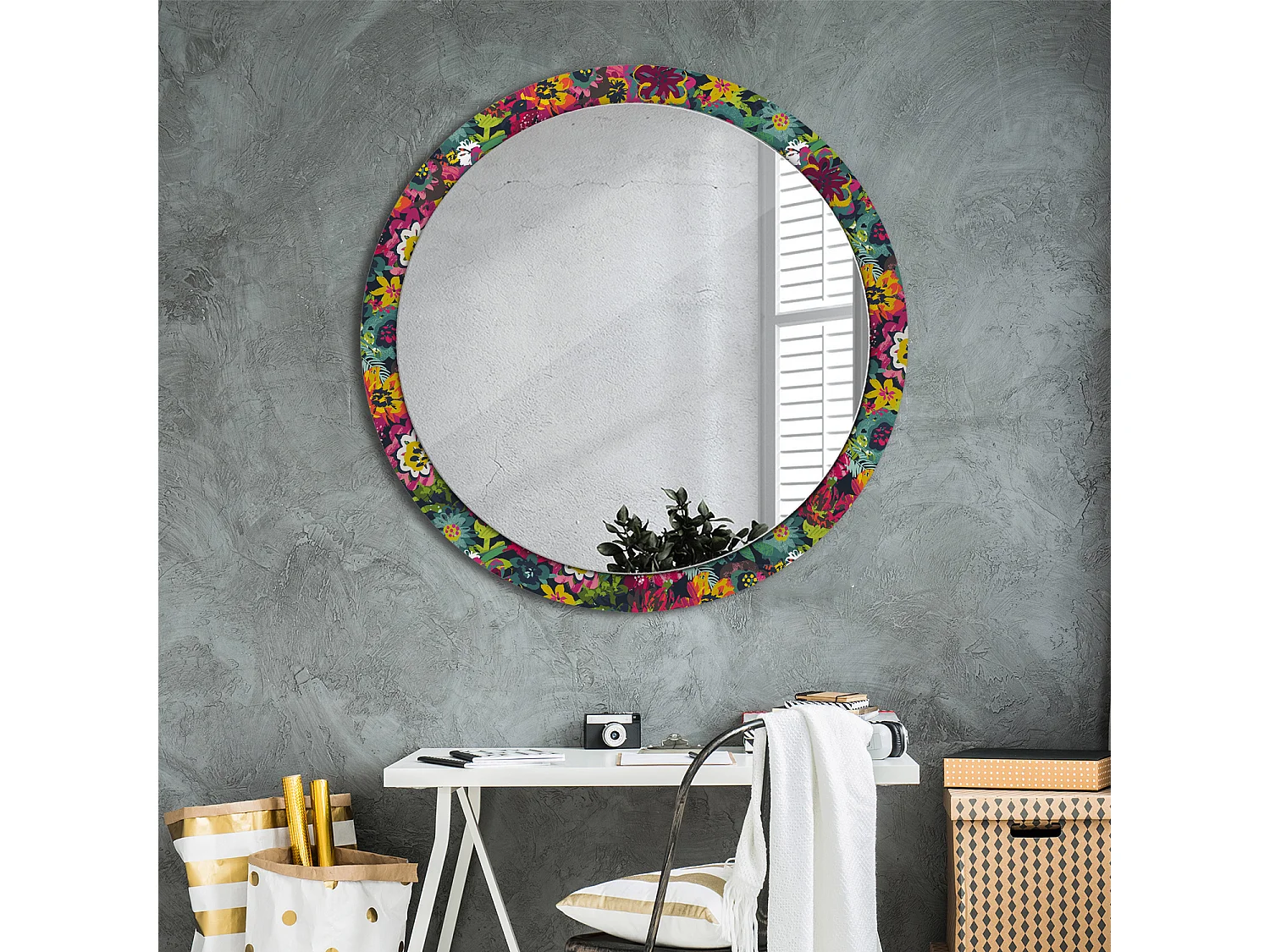 Miroir rond décoratif - Fleurs peintes - 100 cm