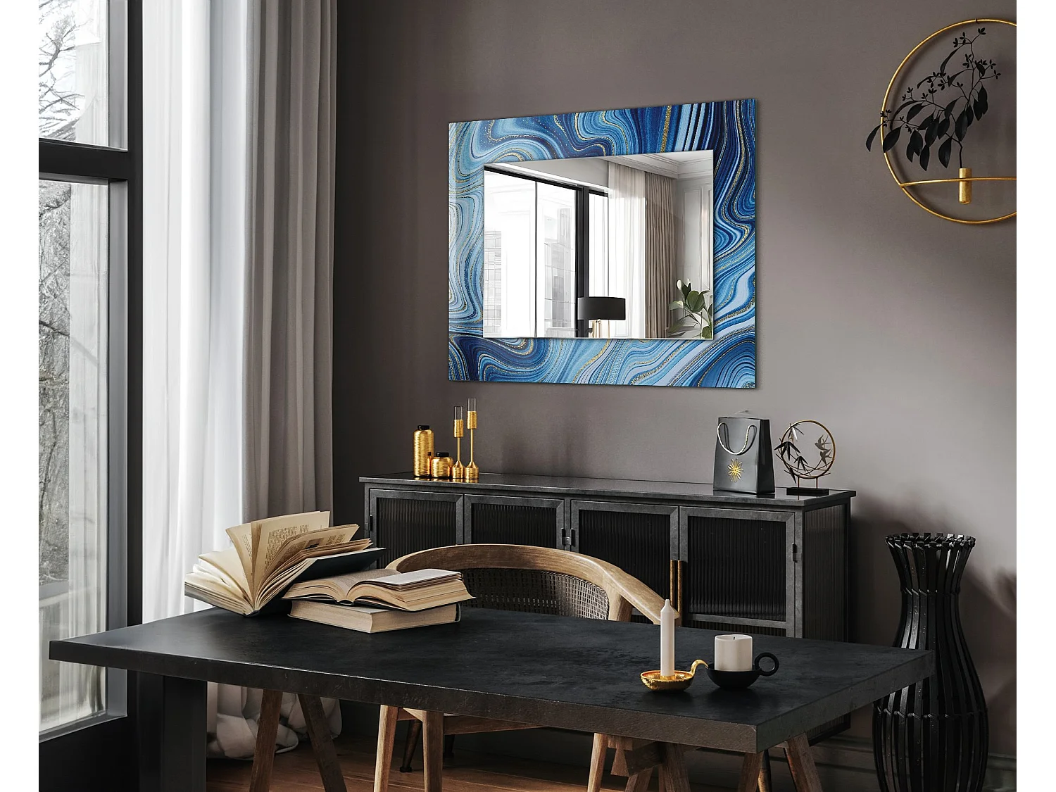 Dekorativer Spiegel mit Rahmen, blaues Muster, 80 x 60 cm