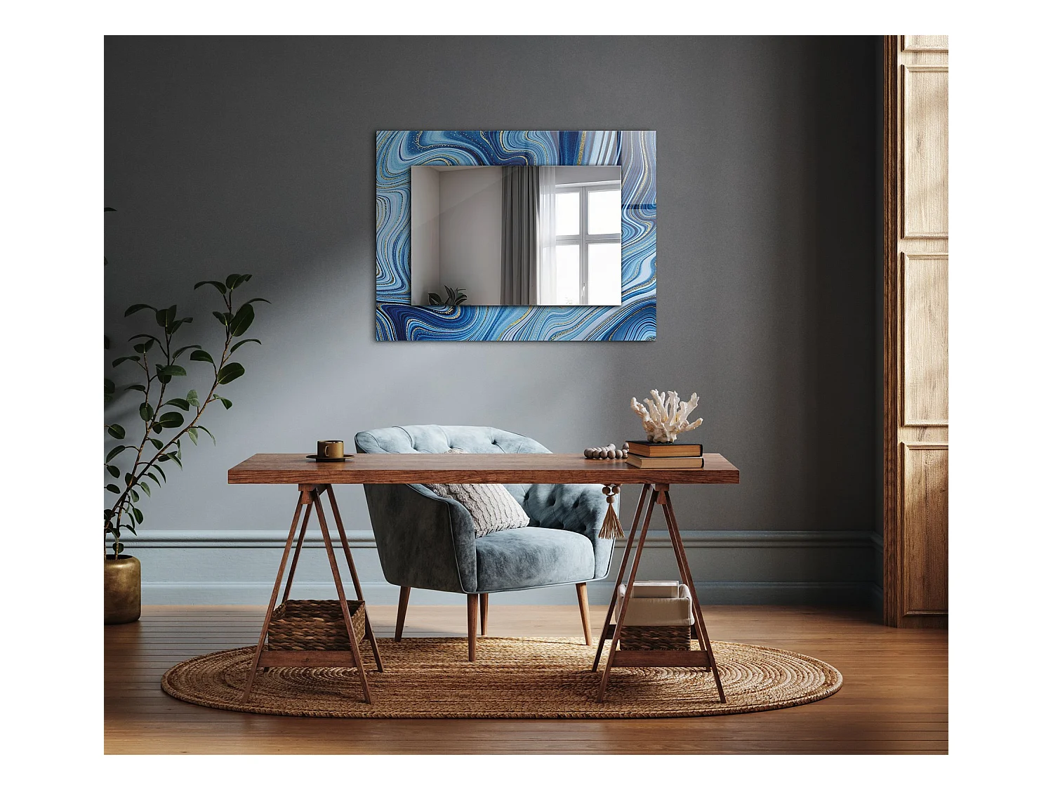 Miroir décoratif avec cadre motif bleu 80 x 60 cm