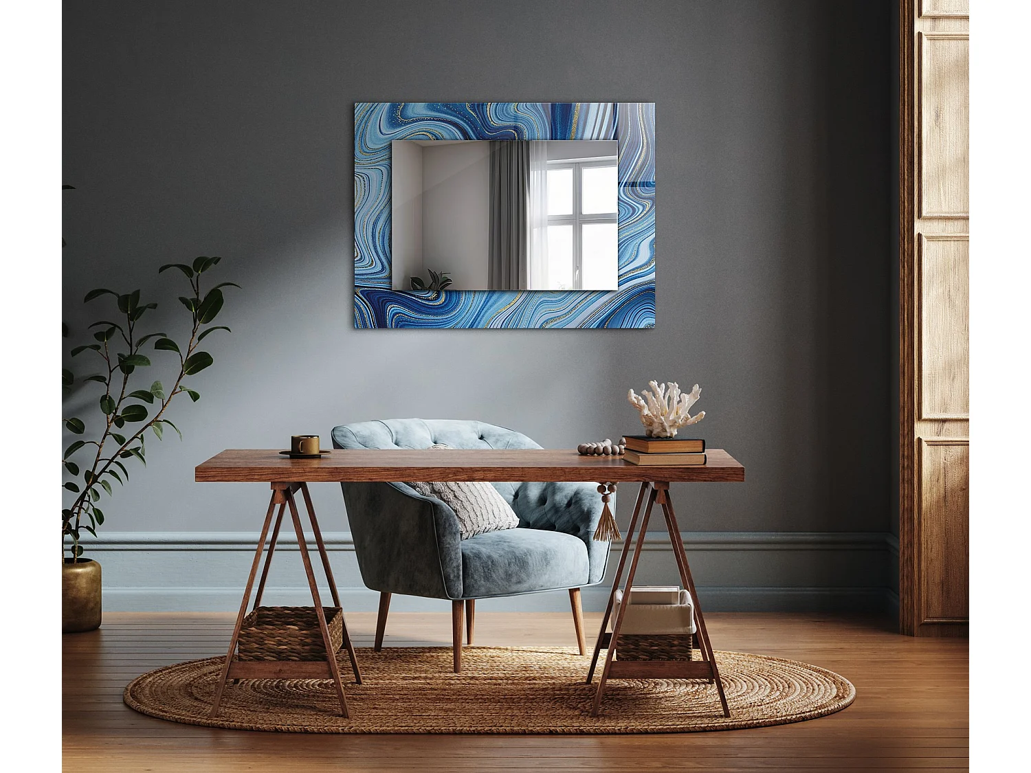 Decoratieve spiegel met lijst Blauw patroon 80 x 60 cm