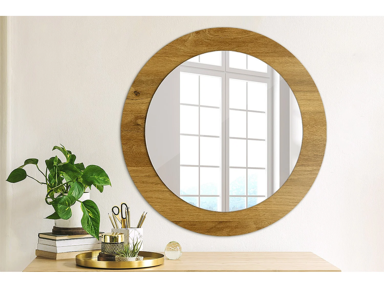 Miroir rond décoratif - Chêne rustique - 70 cm