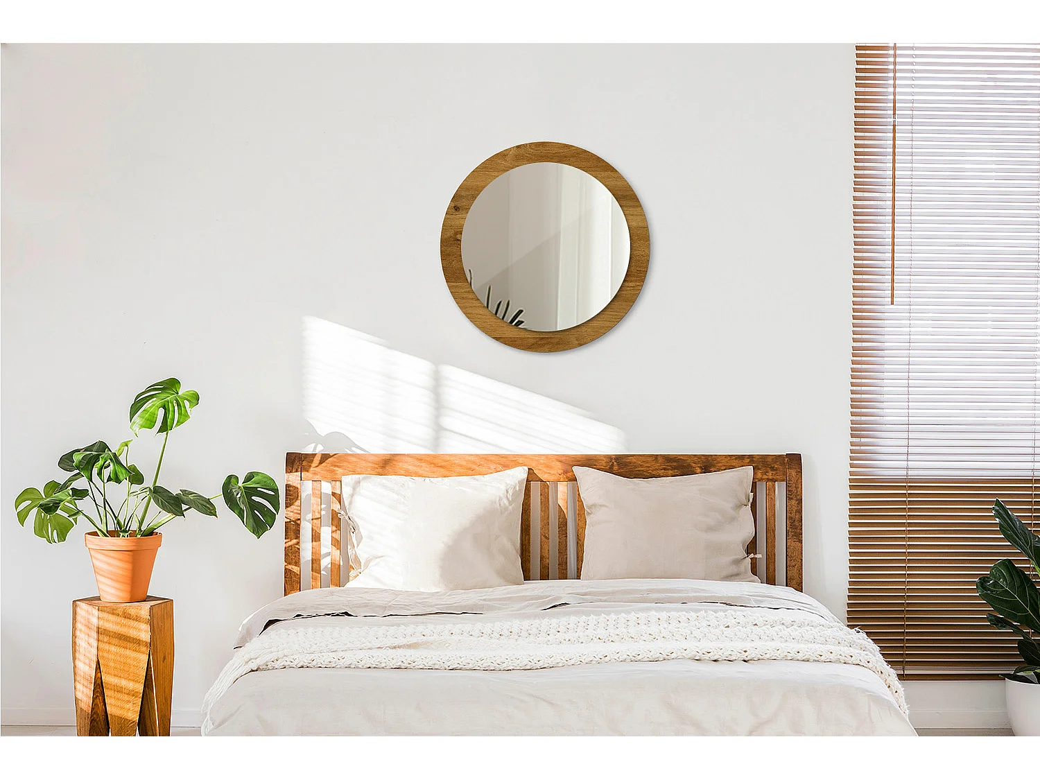 Miroir rond décoratif - Chêne rustique - 70 cm