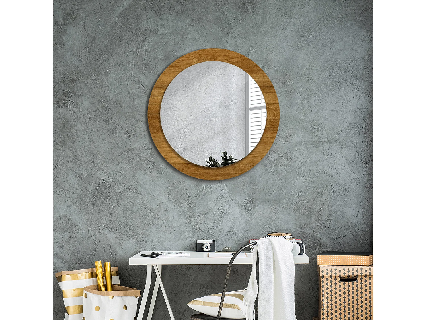 Miroir rond décoratif - Chêne rustique - 70 cm