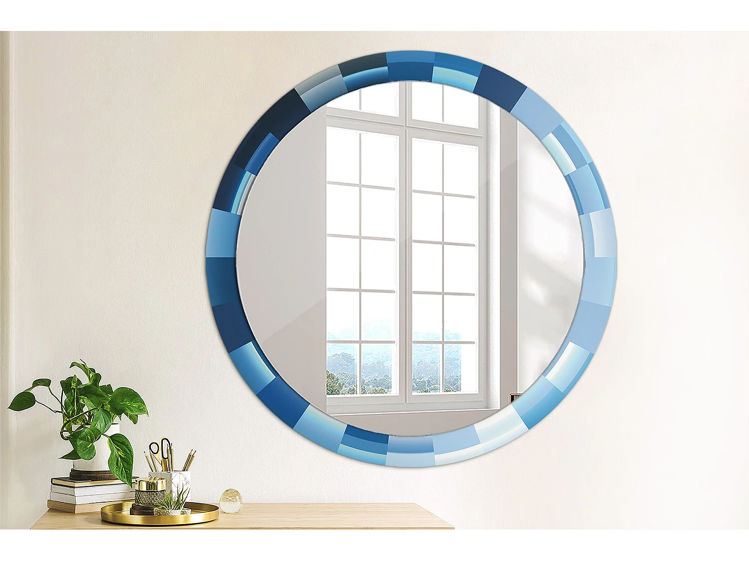 Ronde decoratieve spiegel - Abstract Blauw - 90 cm