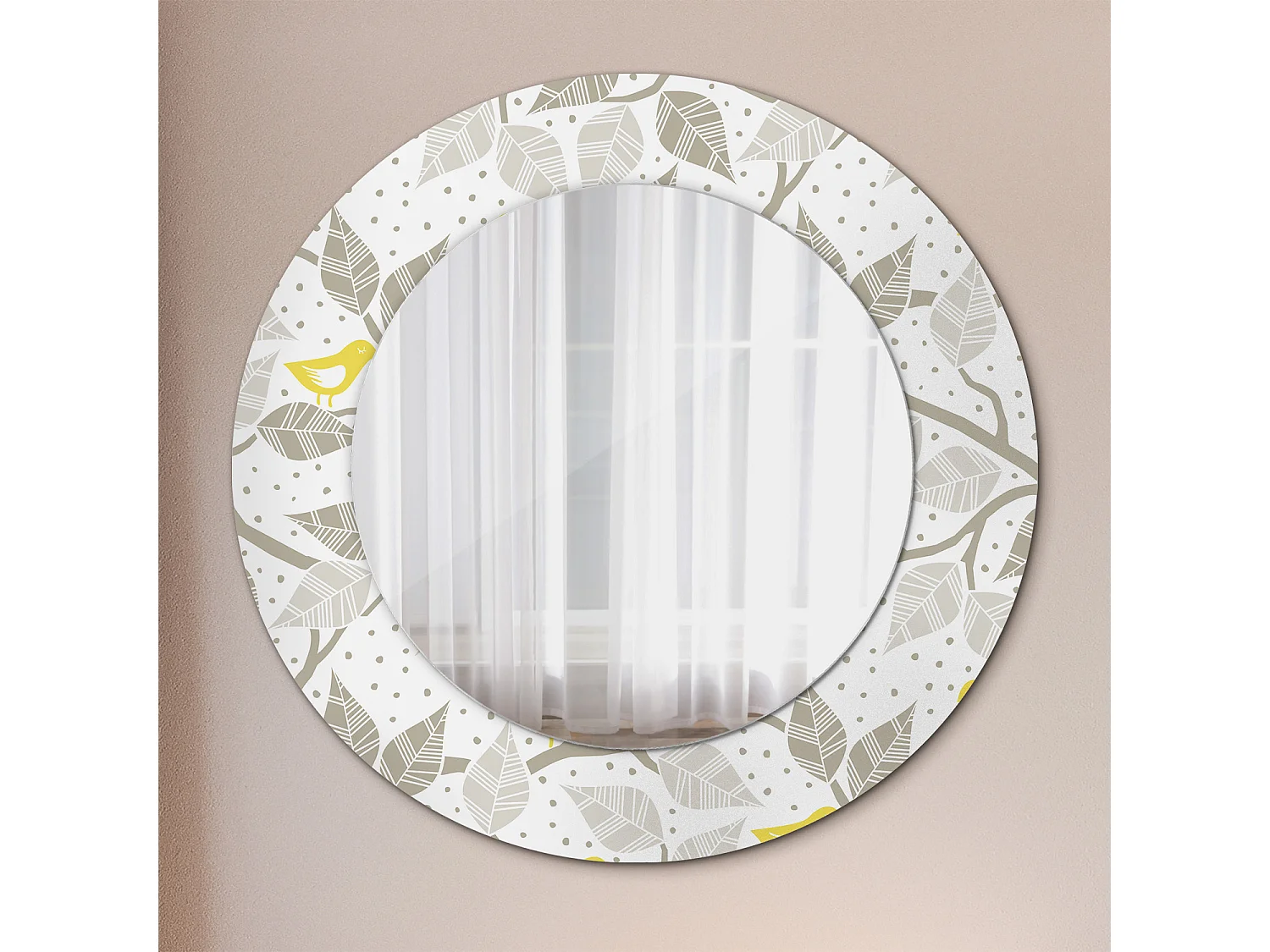 Runder dekorativer Spiegel – Gelbe Vögel auf Zweigen – 50 cm
