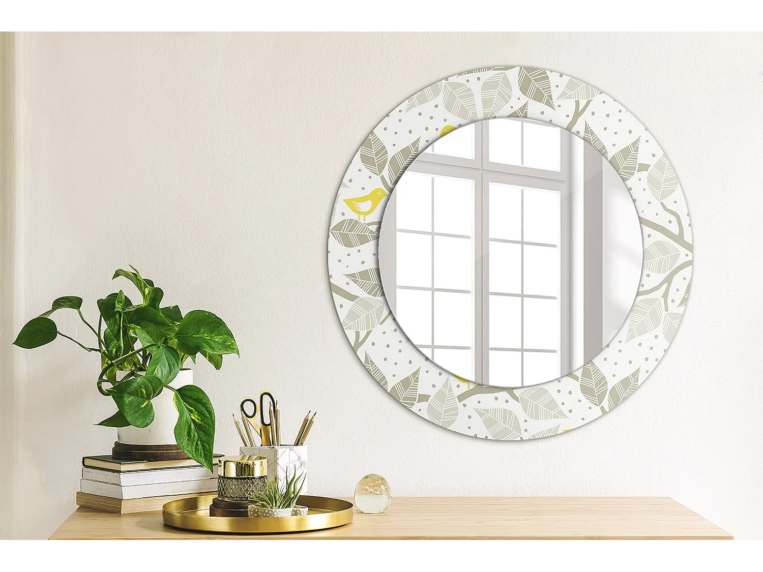 Runder dekorativer Spiegel – Gelbe Vögel auf Zweigen – 50 cm
