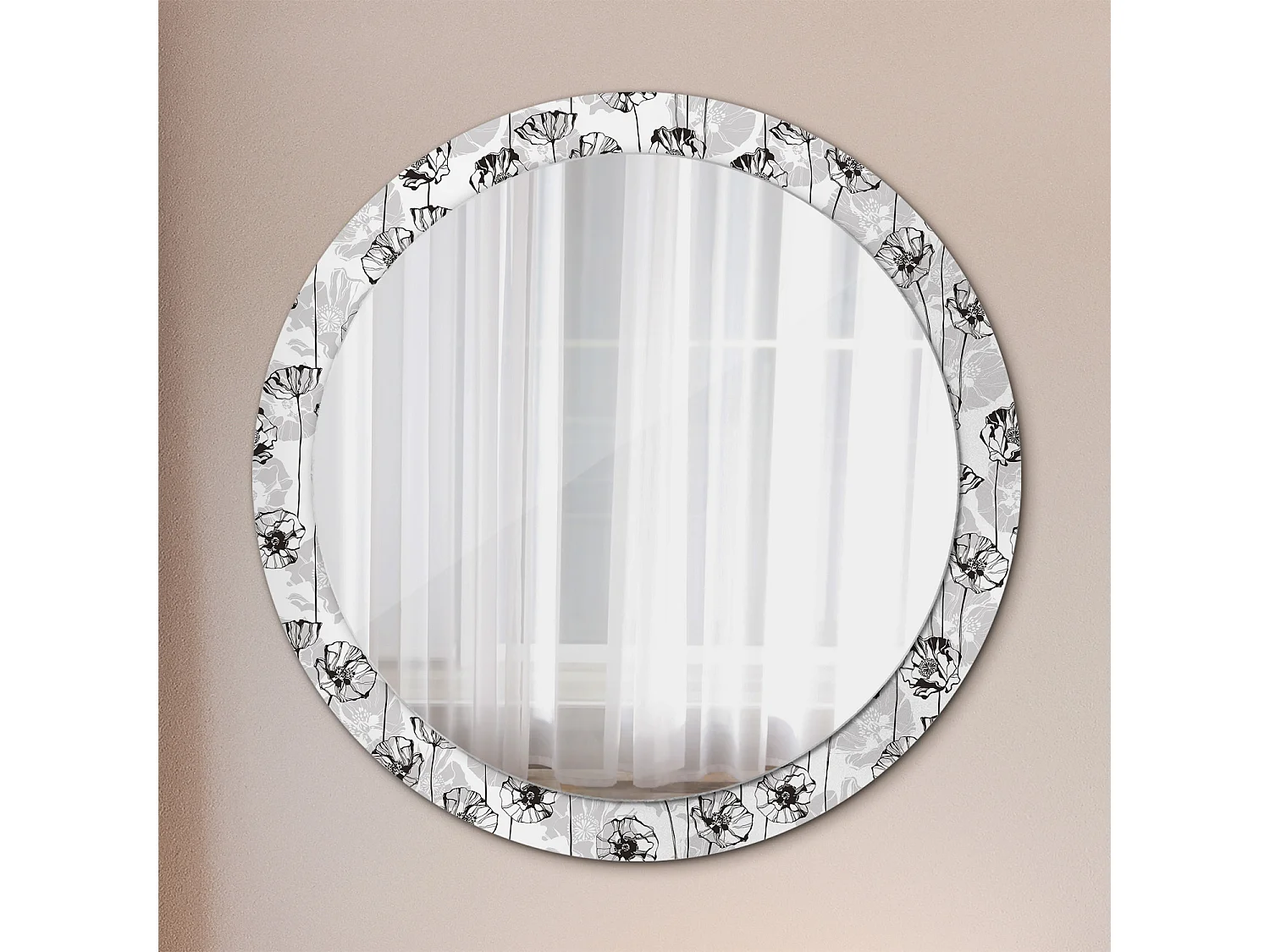 Specchio rotondo decorativo - Fiori di papavero - 90 cm