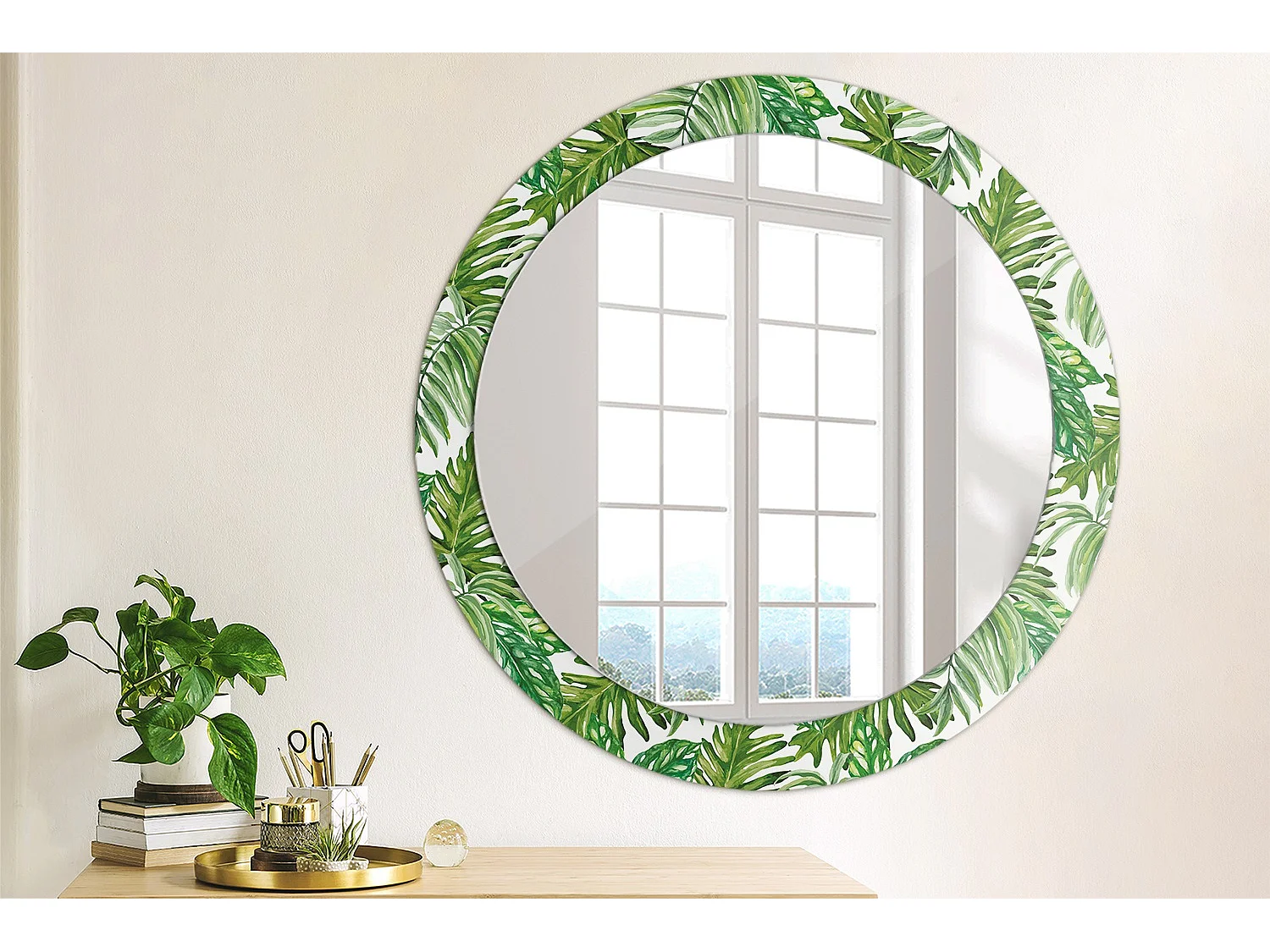 Decoratieve ronde spiegel - junglebladeren - 80 cm