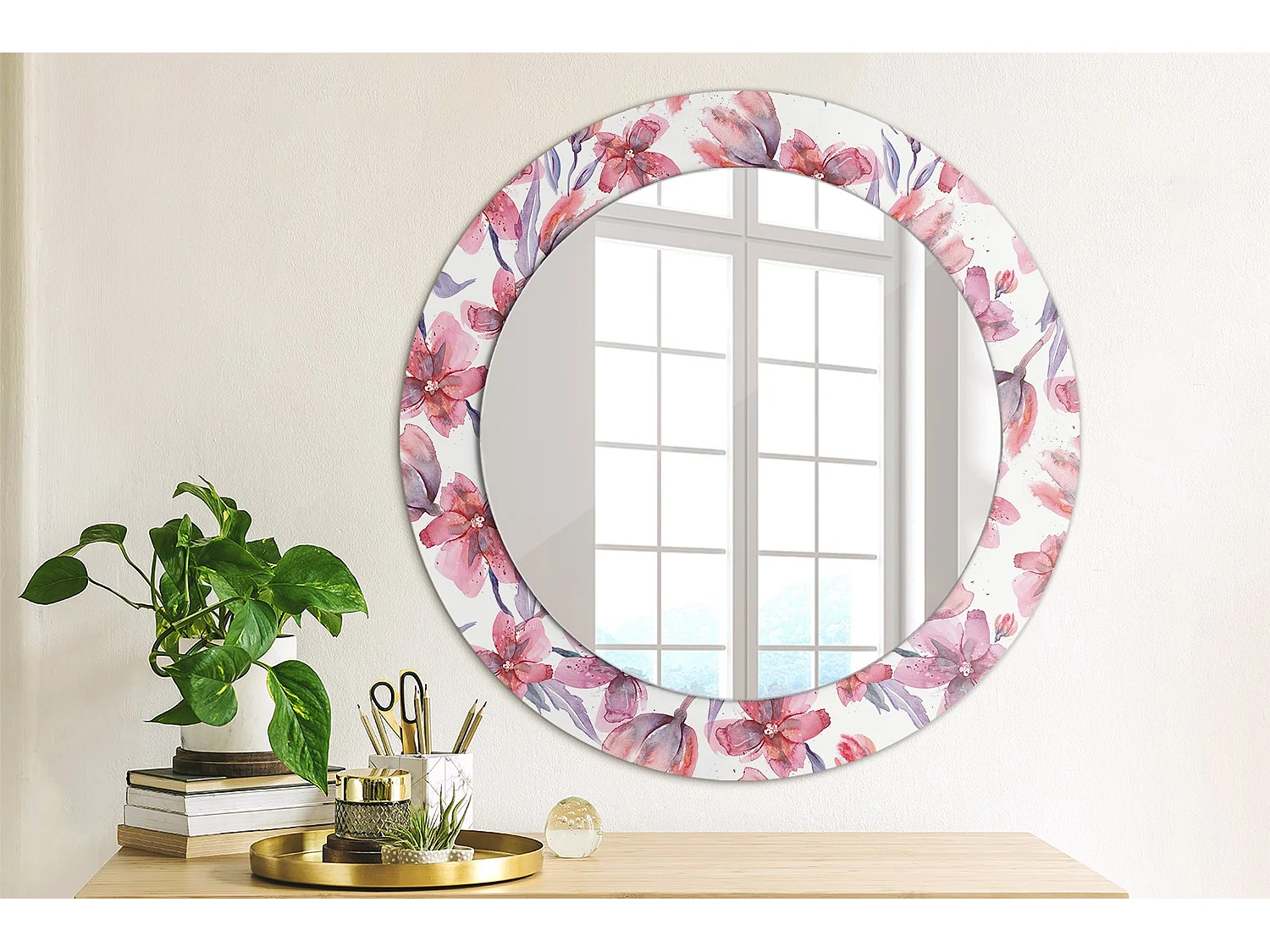 Decoratieve ronde spiegel - aquarelbloemen - 60 cm