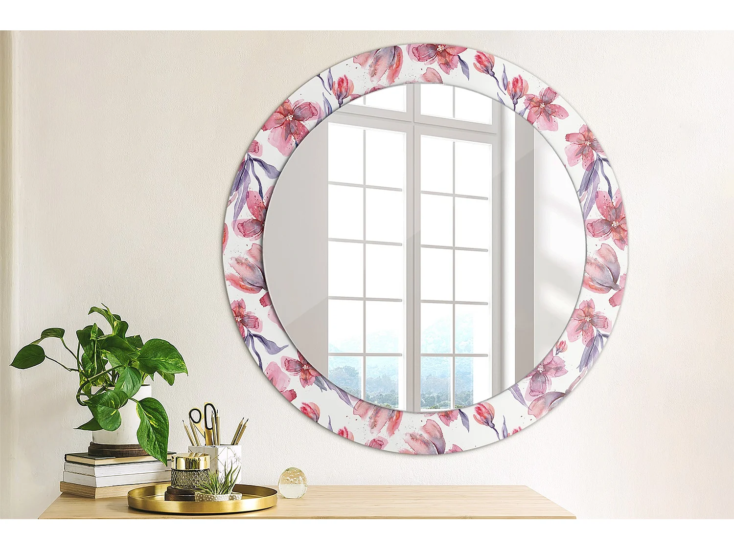 Decoratieve ronde spiegel - aquarelbloemen - 60 cm