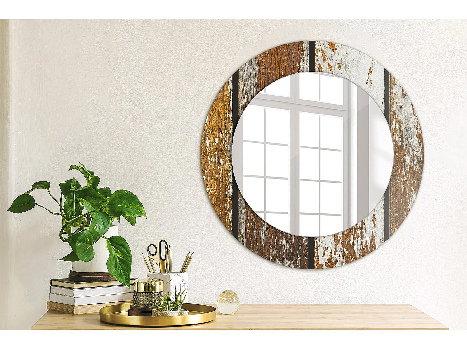 Runder dekorativer Spiegel - Dunkles Vintage-Holz - 50 cm