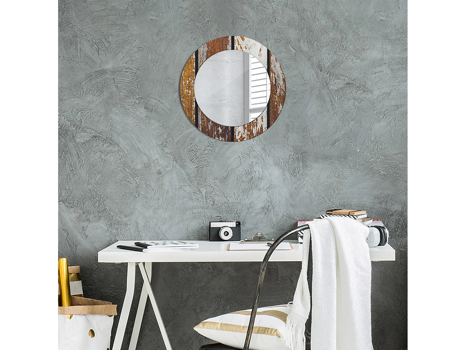 Runder dekorativer Spiegel - Dunkles Vintage-Holz - 50 cm