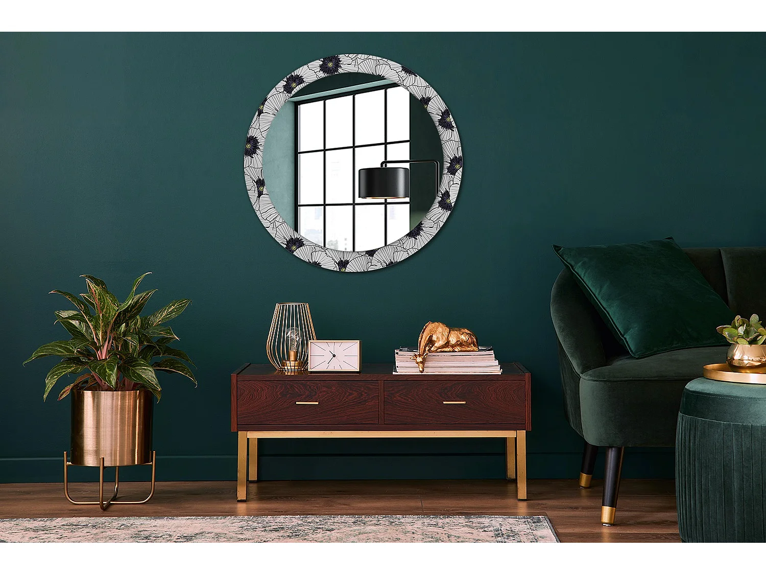 Decoratieve ronde spiegel - bloemige compositie - 80 cm