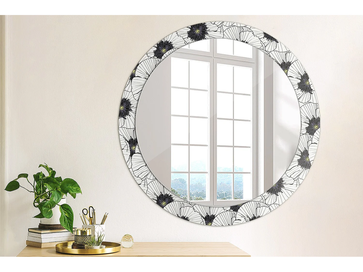 Decoratieve ronde spiegel - bloemige compositie - 80 cm