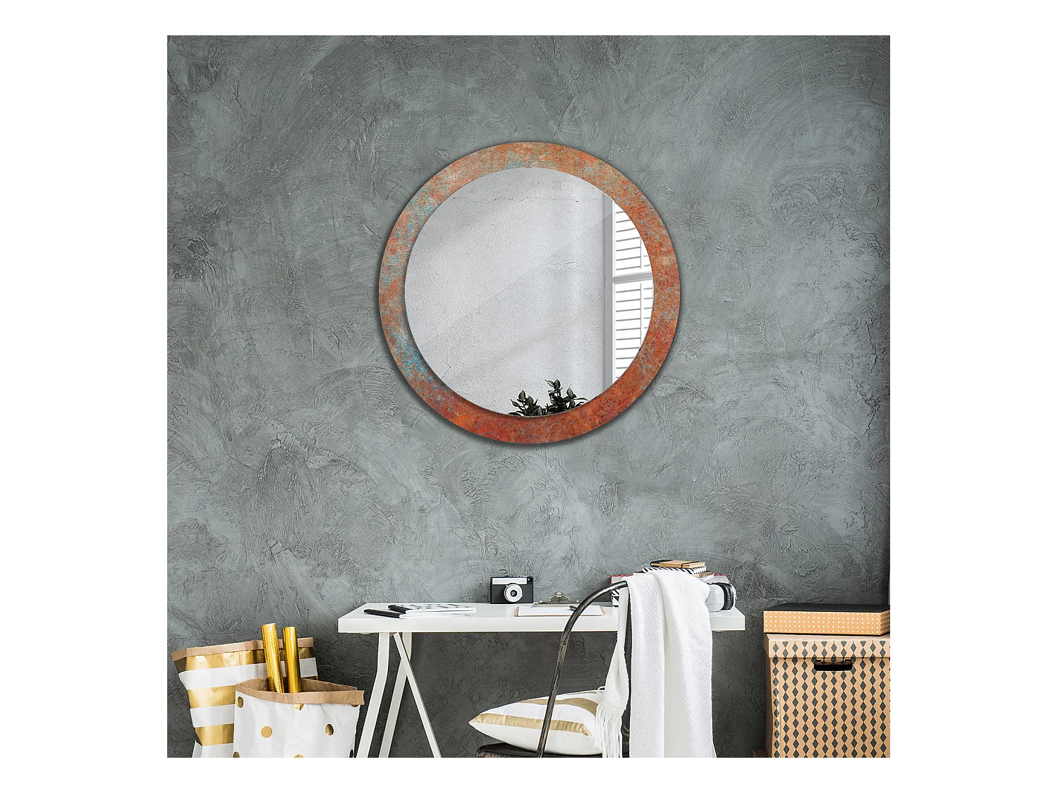 Miroir rond décoratif - Métal rouille - 80 cm