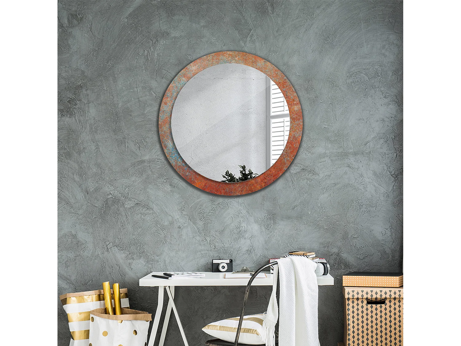 Miroir rond décoratif - Métal rouille - 80 cm