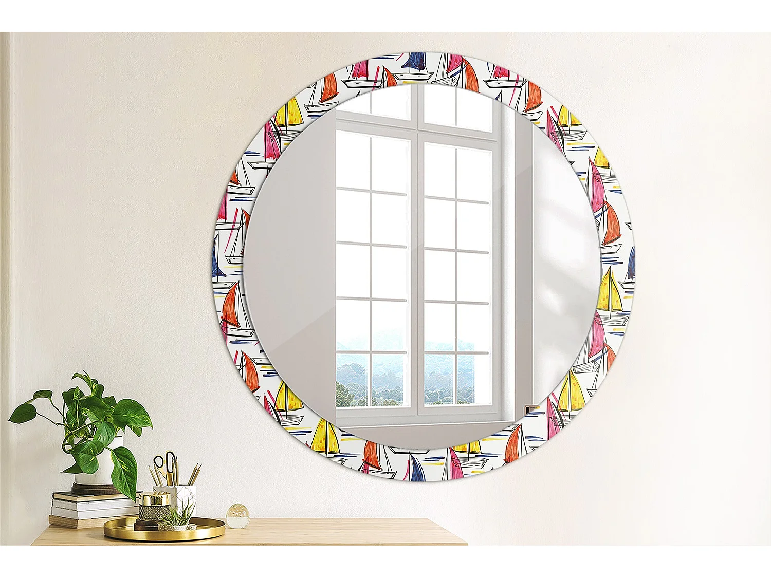 Miroir rond décoratif - Bateaux colorés - 90 cm