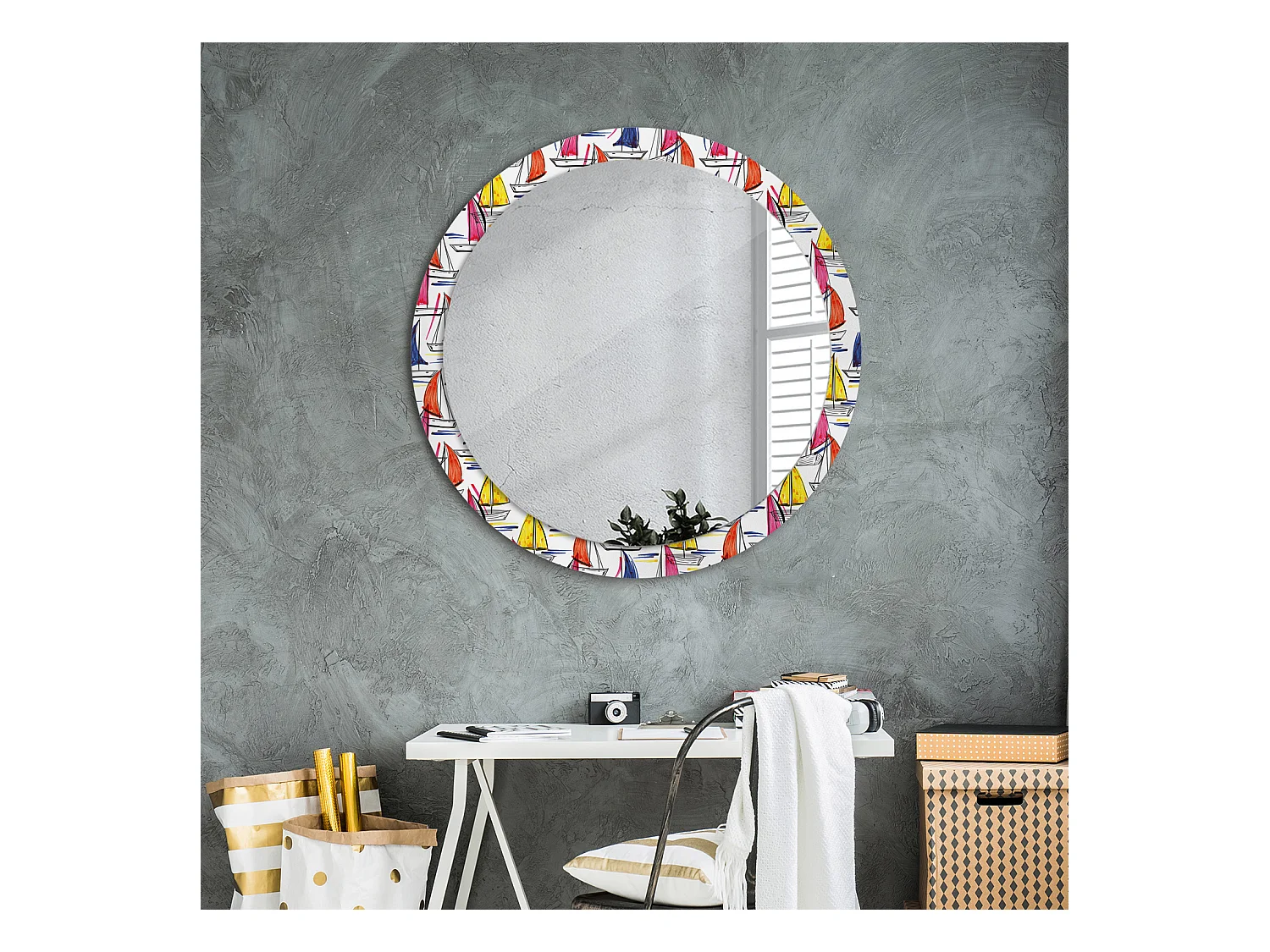 Miroir rond décoratif - Bateaux colorés - 90 cm