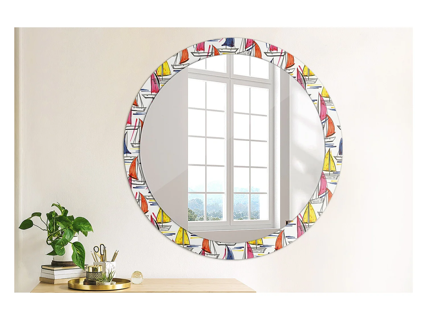 Miroir rond décoratif - Bateaux colorés - 90 cm
