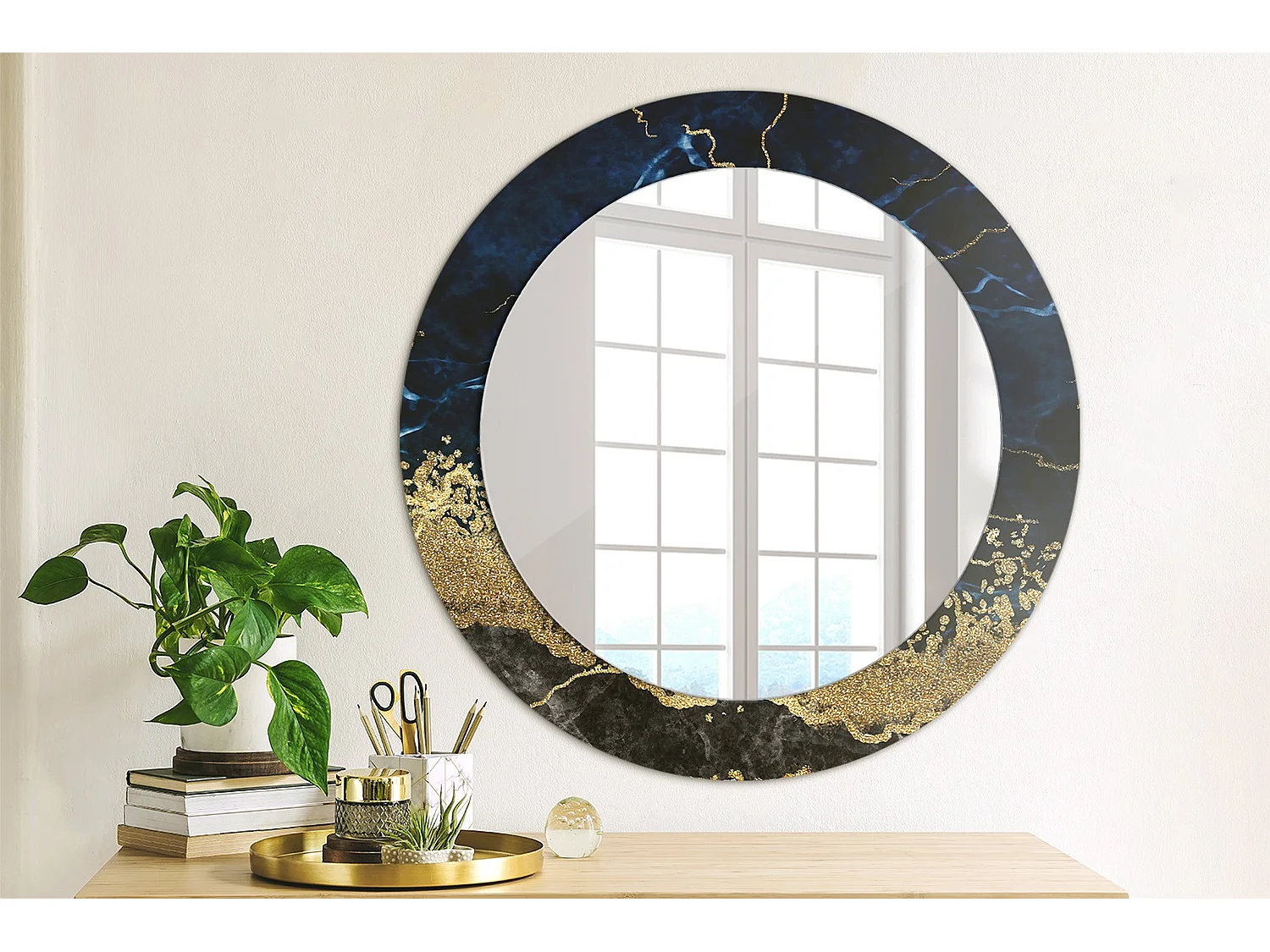 Miroir rond décoratif - Marbre bleu - 70 cm